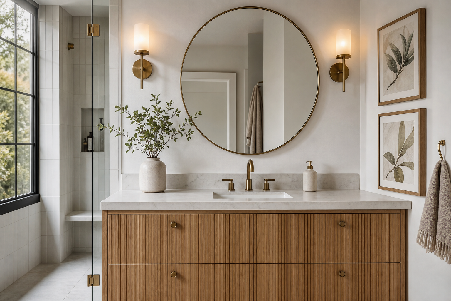 Bathroom mirror wall with two framed art prints