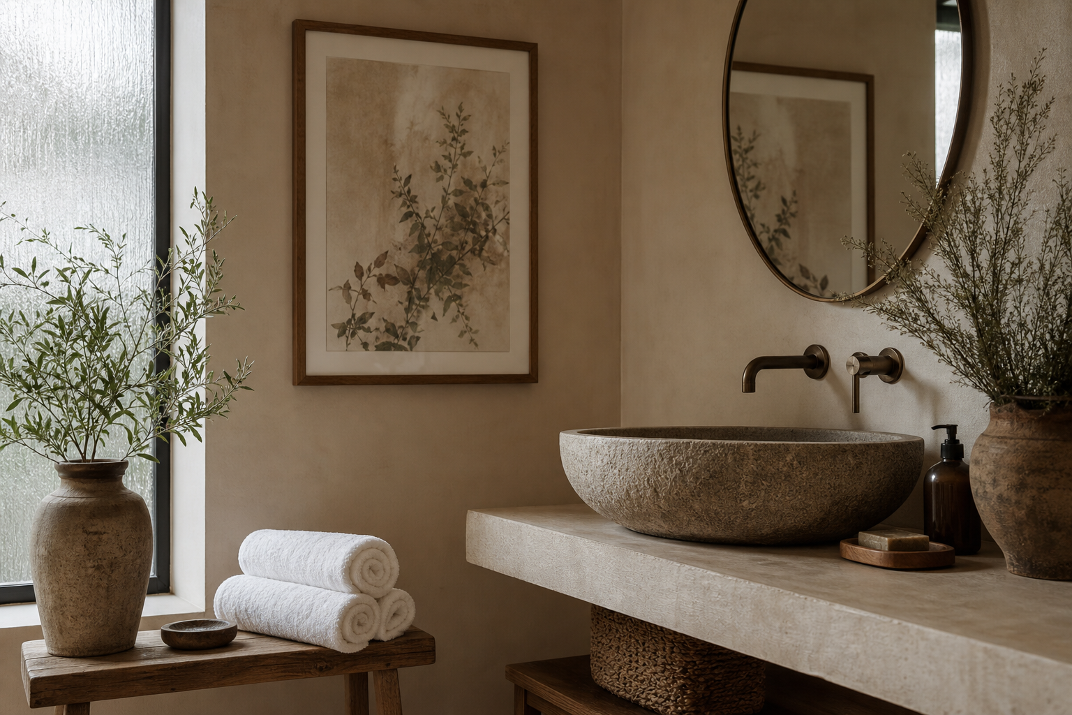 Spa-like bathroom with neutral framed art prints