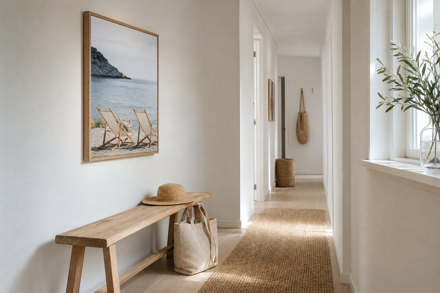 Narrow hallway with beach chair artwork