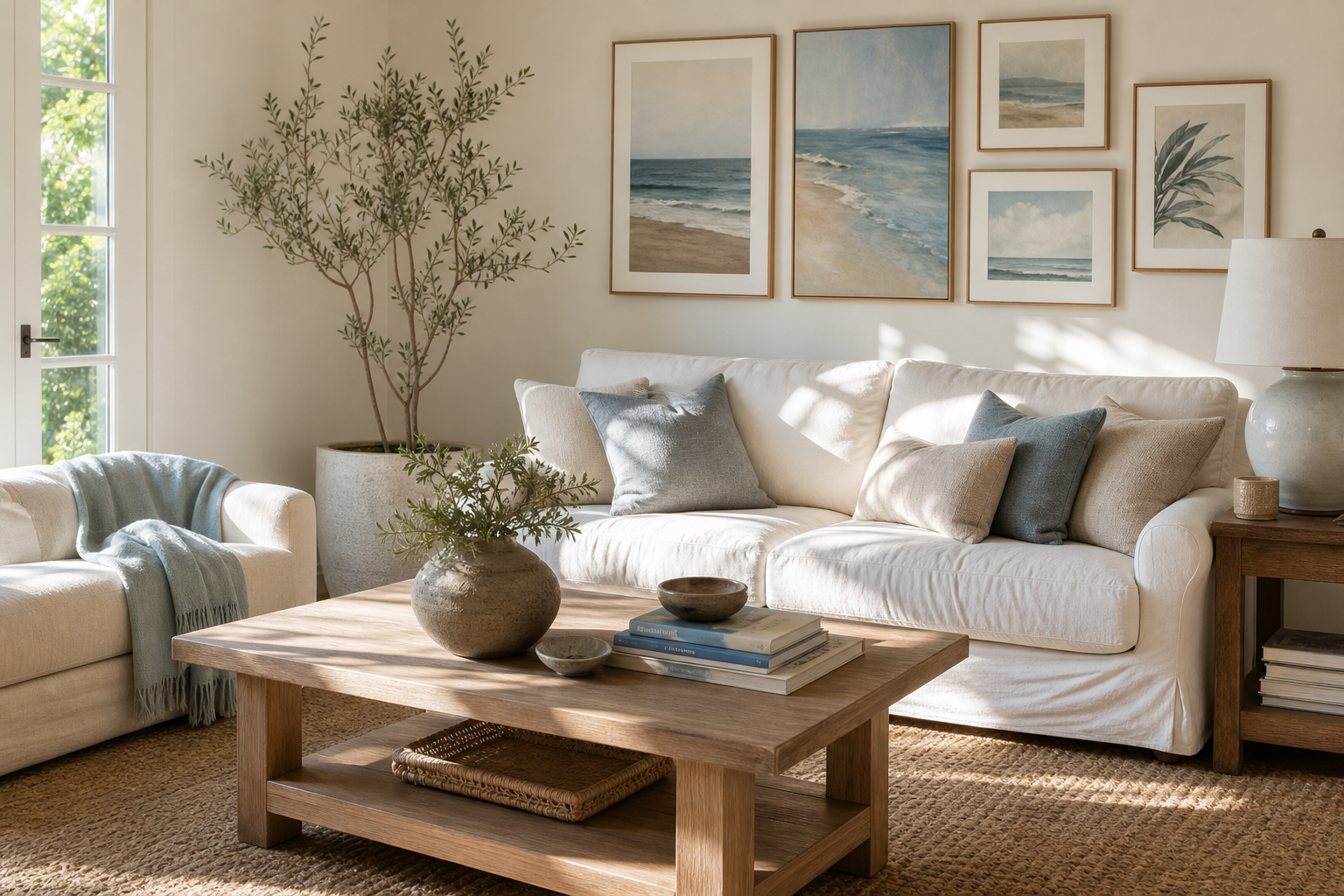 Coastal living room with layered beach art