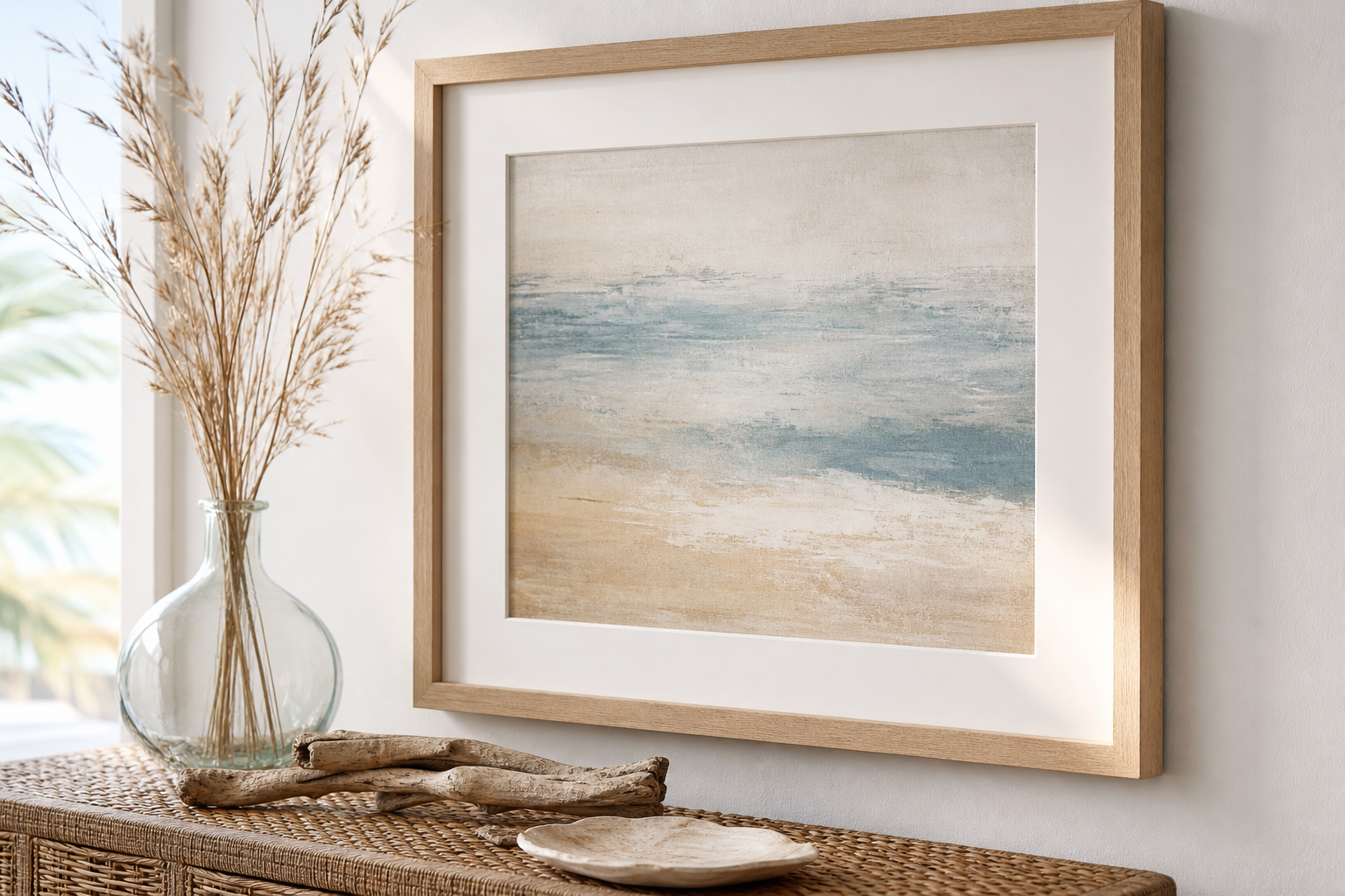 Close-up of coastal print frame and natural materials