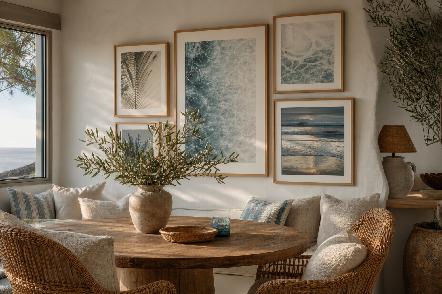 Coastal gallery wall in a dining nook