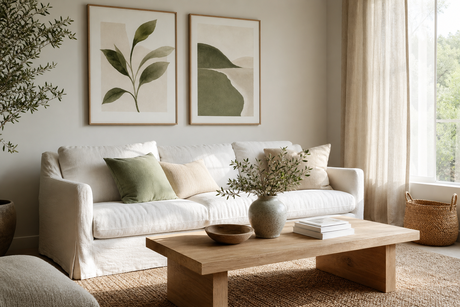 Living room with coastal wall art above sofa