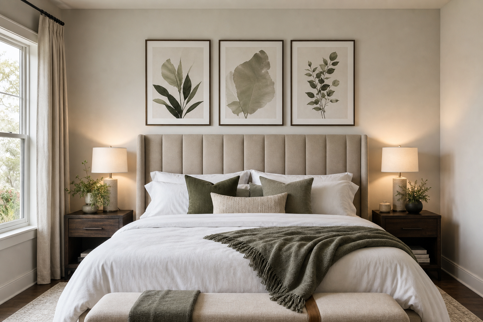 Bedroom wall arrangement above bed with balanced framed art