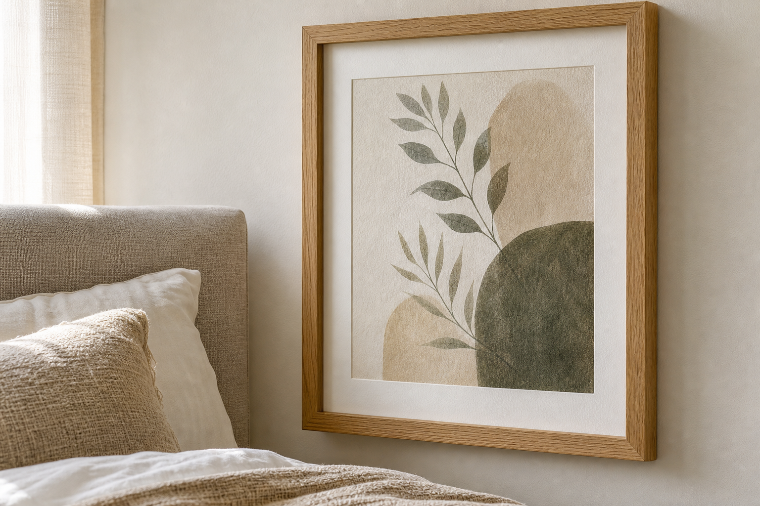Close-up of oak frame and textured neutral wall art in bedroom