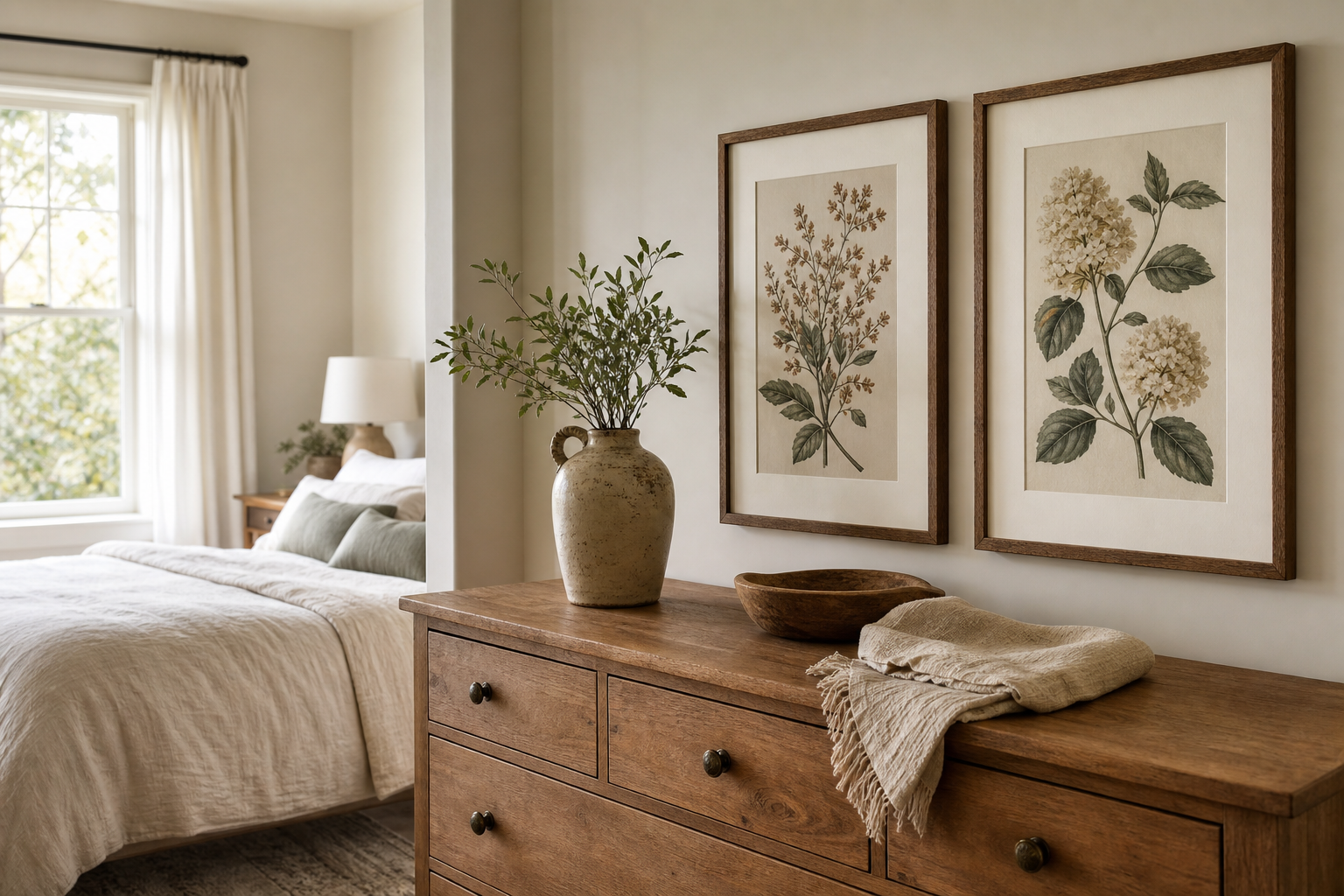 Bedroom corner with botanical framed art and natural wood furniture