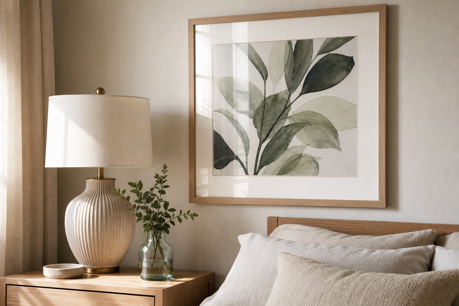 Close-up of bedroom art frames and materials
