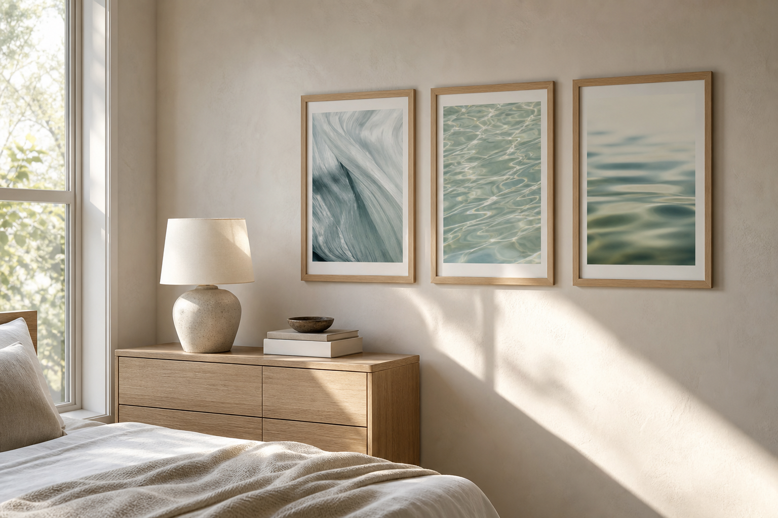 Bedroom side wall with calm photographic prints