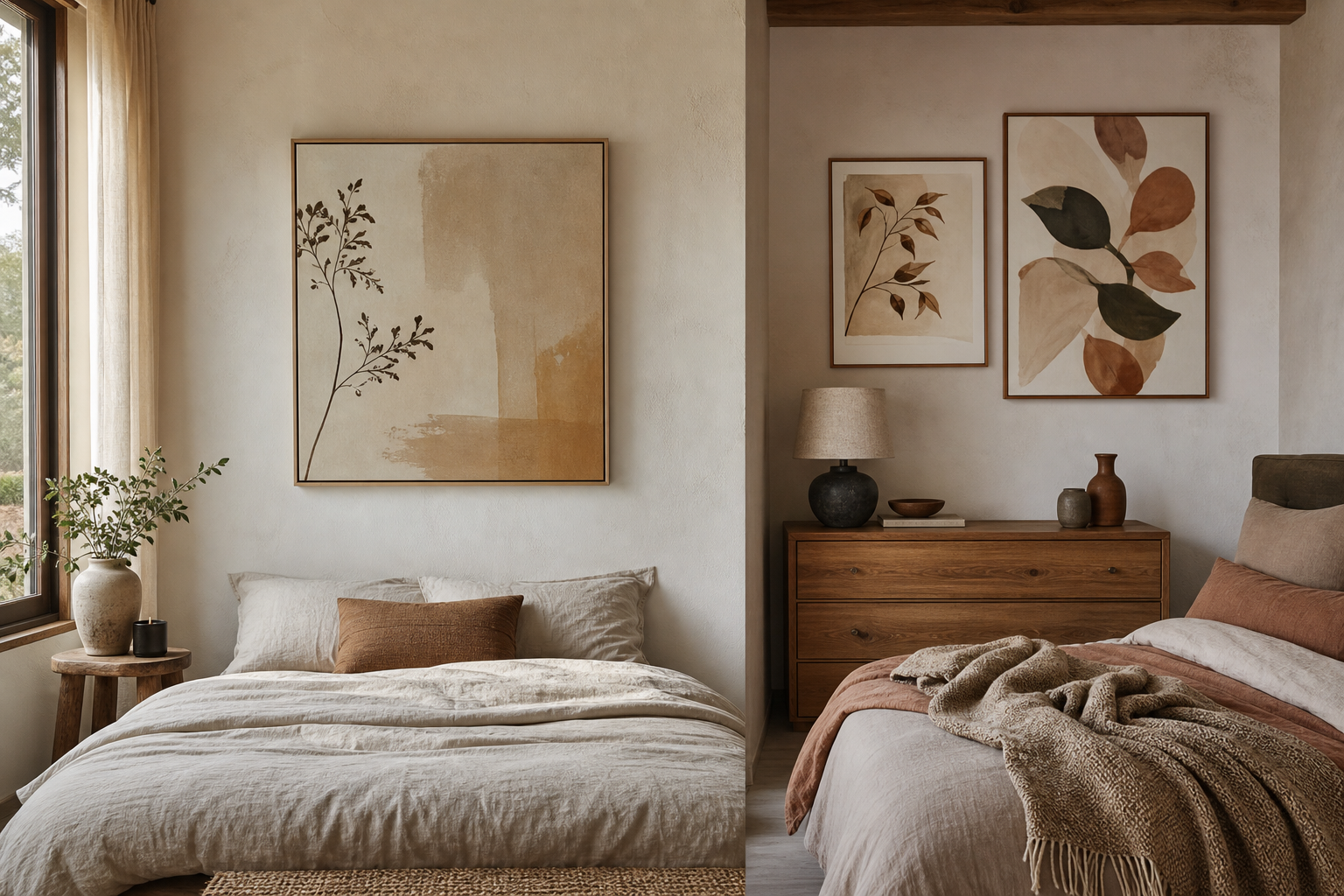 Different bedroom styles with photo print arrangements