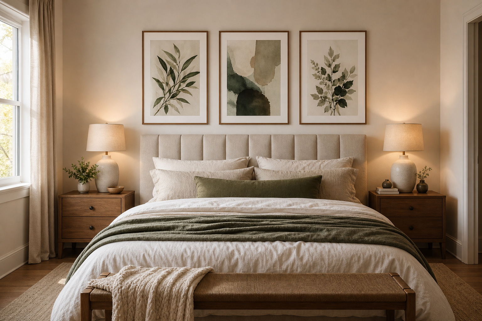 Bedroom wall art arrangement above a bed