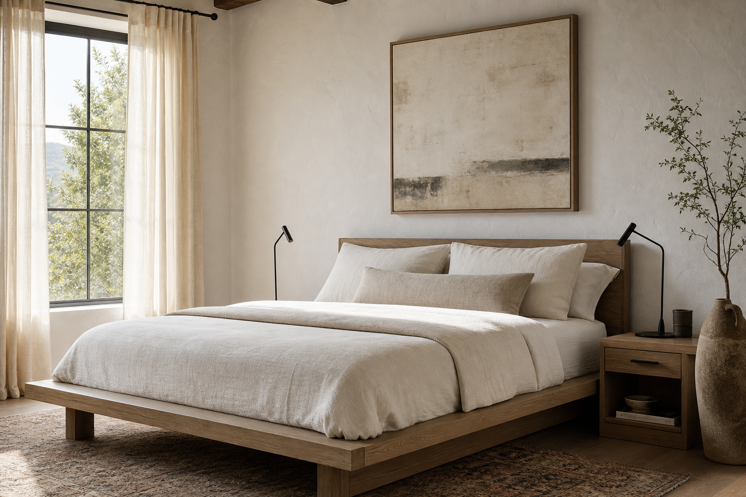 Minimal bedroom with light-toned art and simple styling