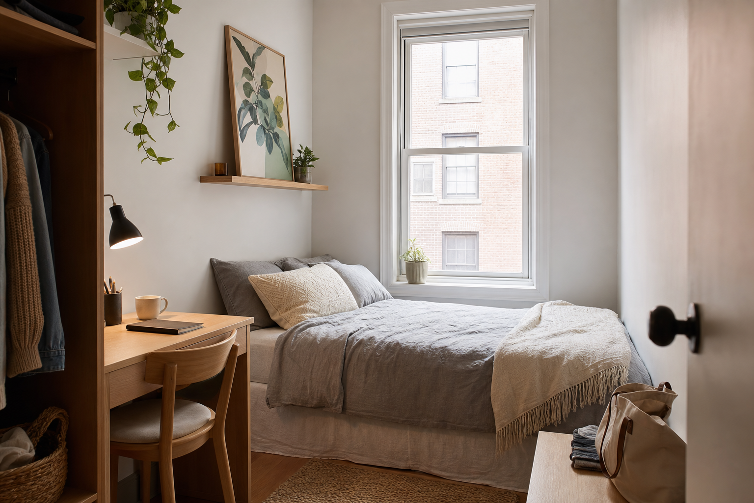 Small rented bedroom with simple art styling