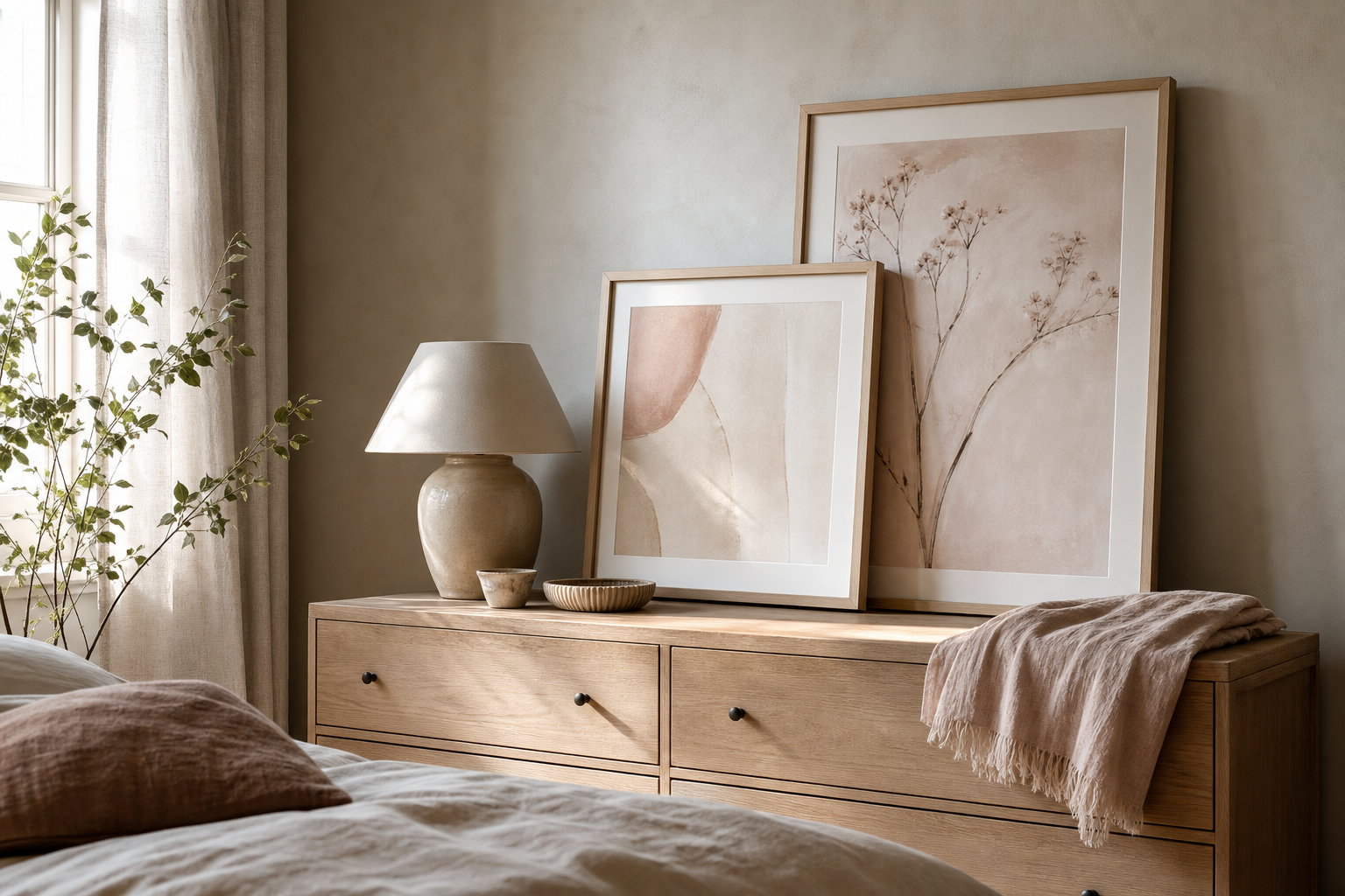Bedroom corner with dresser and soft-toned framed art