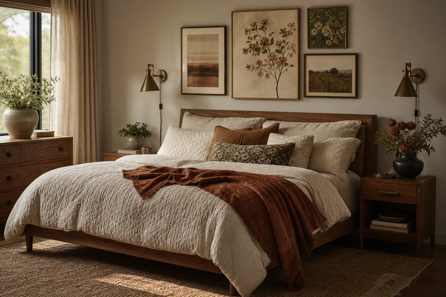 Cozy layered bedroom with warm-toned framed art prints and textured bedding