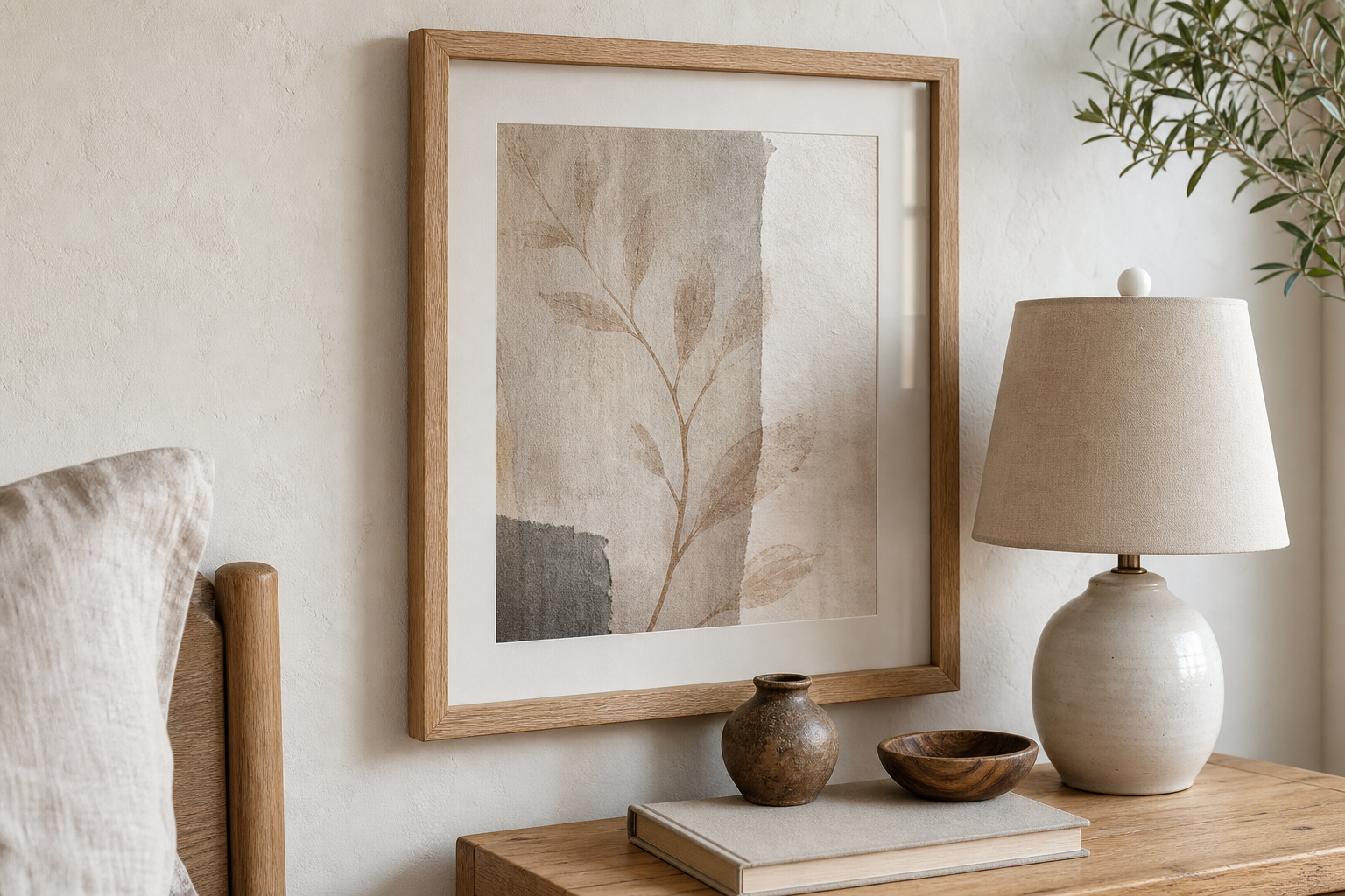 Close-up of oak frame and textured art print in a bedroom setting