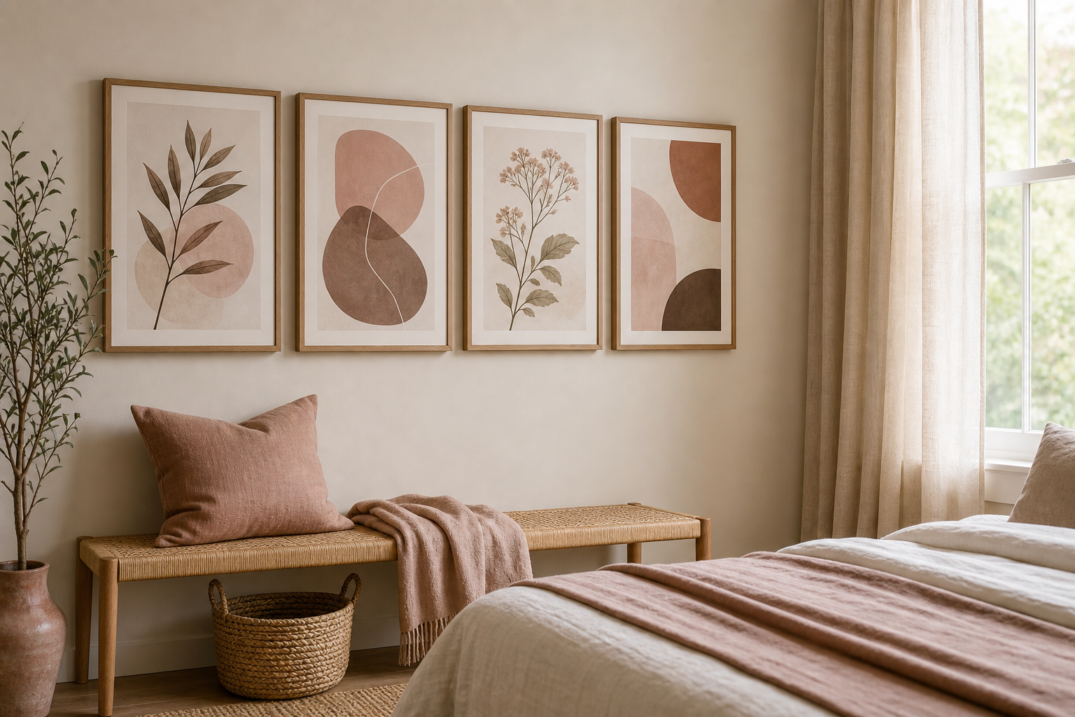 Bedroom wall with coordinated neutral and earthy framed art prints