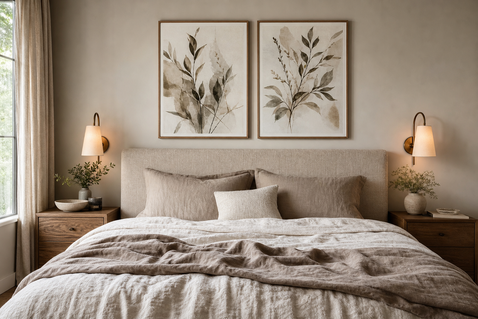 Example of properly sized framed wall art above a headboard