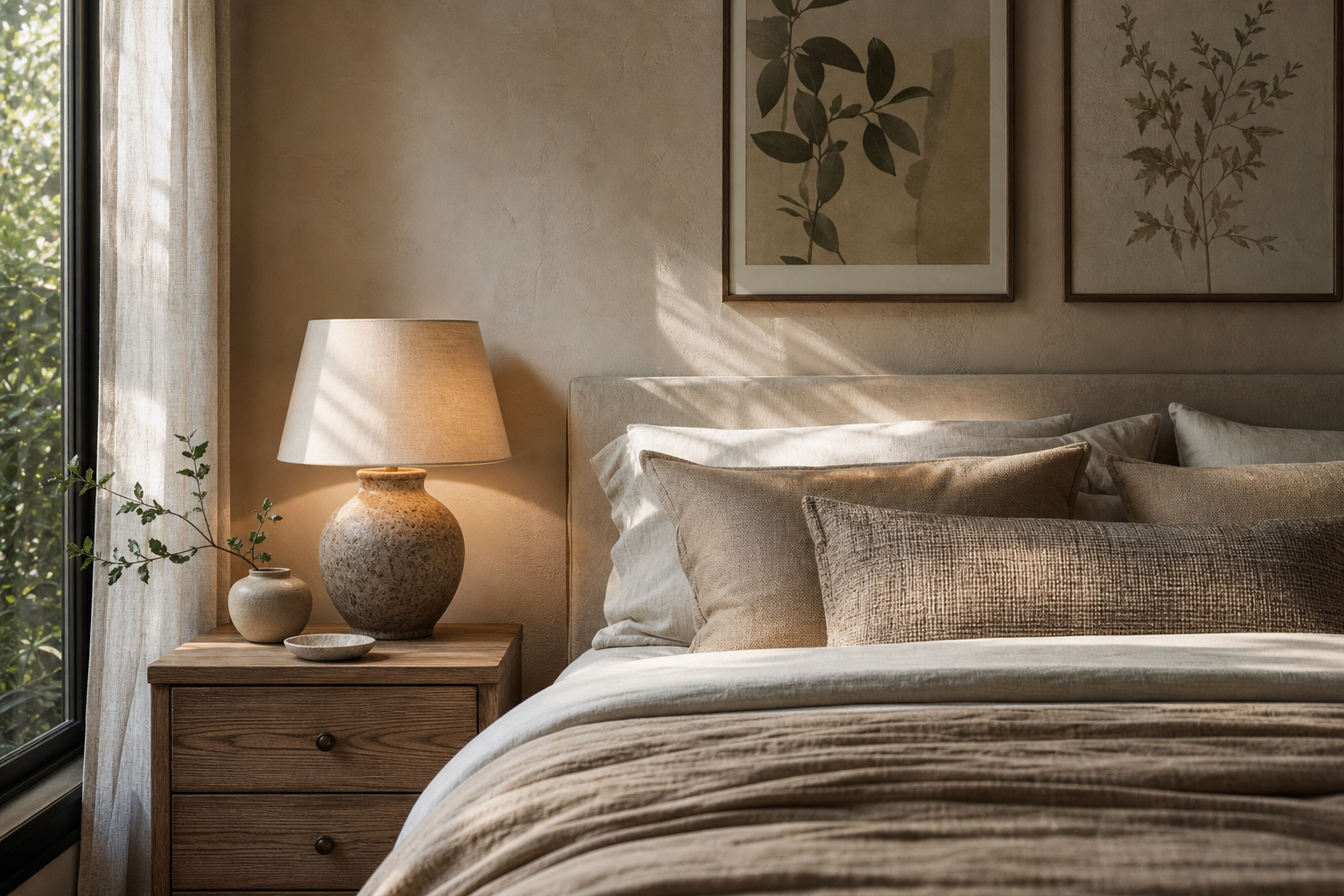 Finished cozy bedroom corner with coordinated art, lamp and bedding
