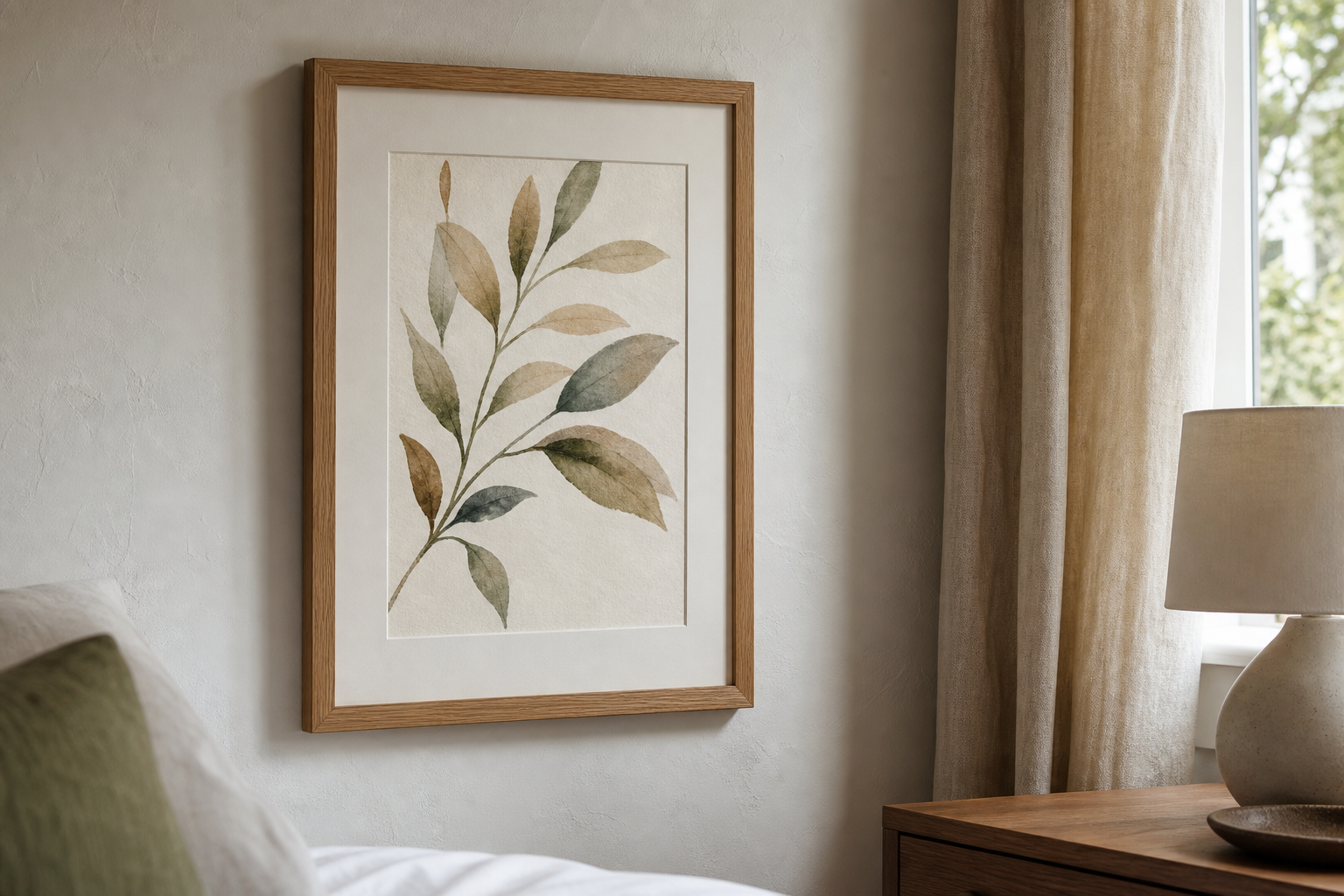 Close-up of bedroom wall art frame and materials