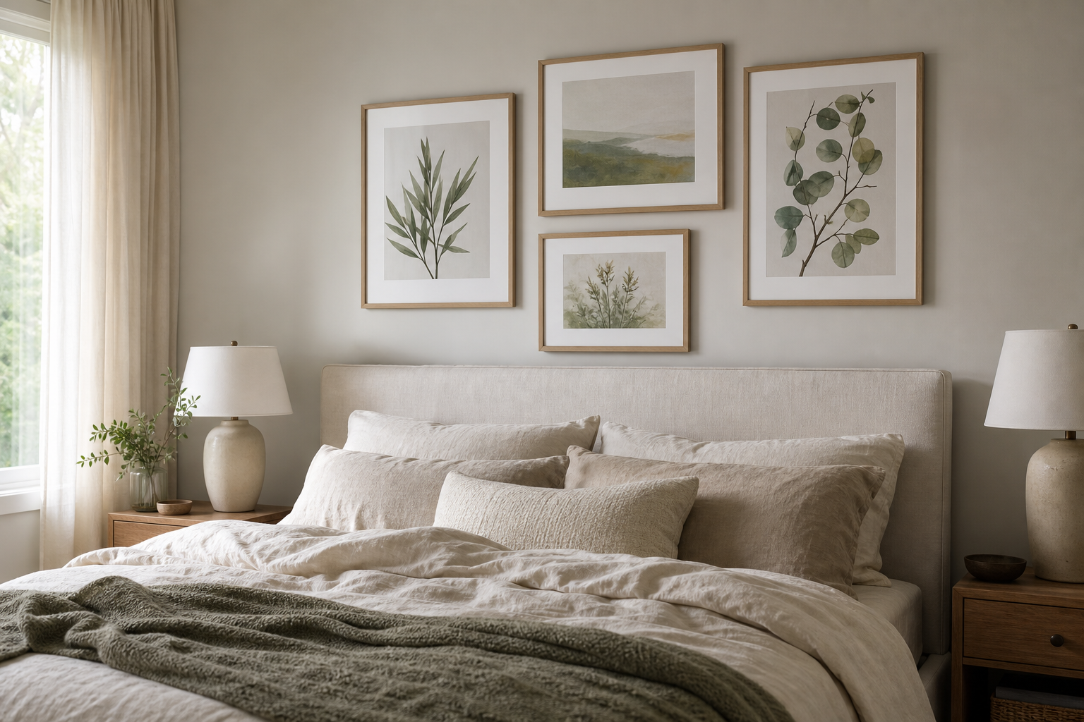 Bedroom gallery wall arranged above a bed