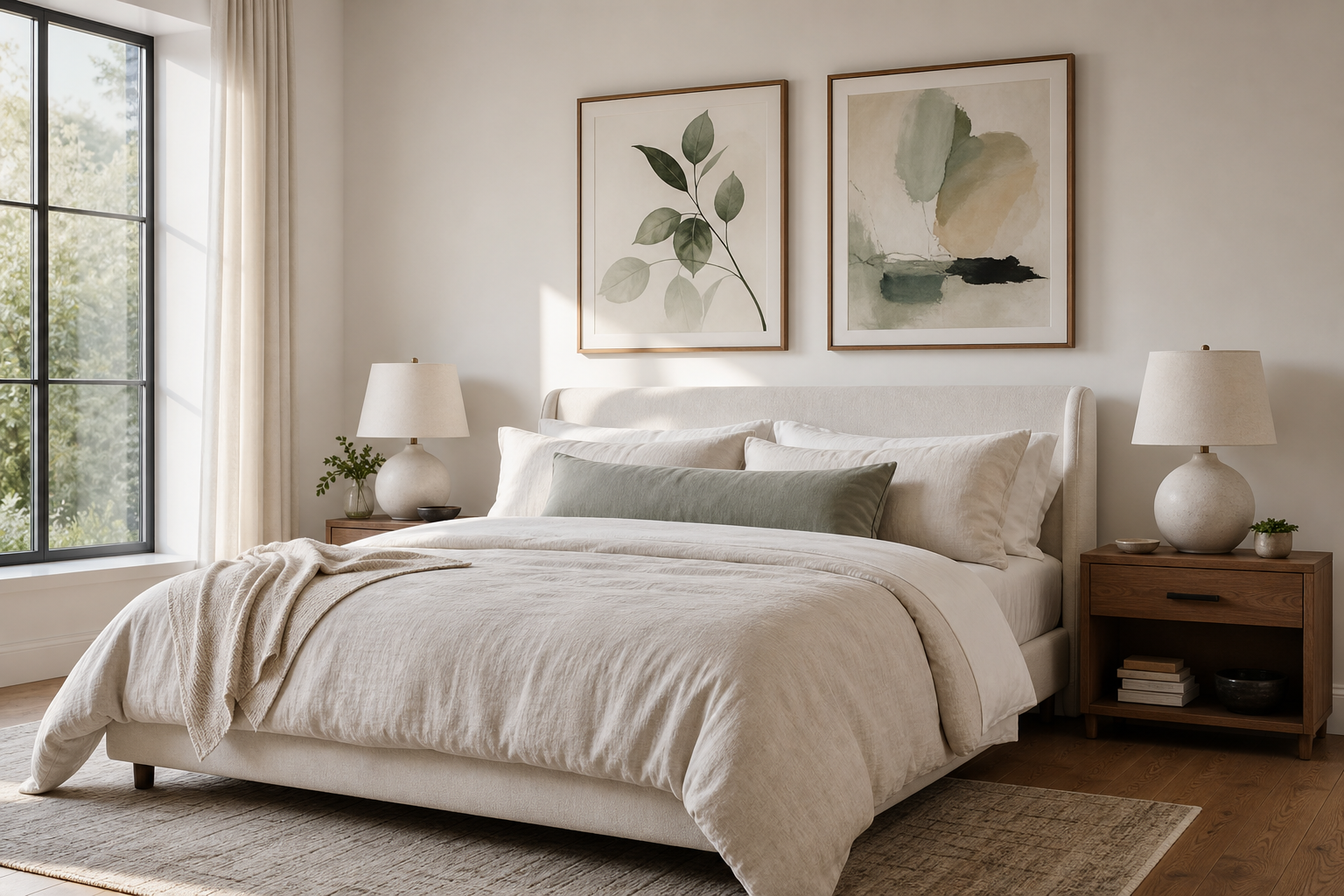 Bedroom wall with correctly scaled framed art above a bed