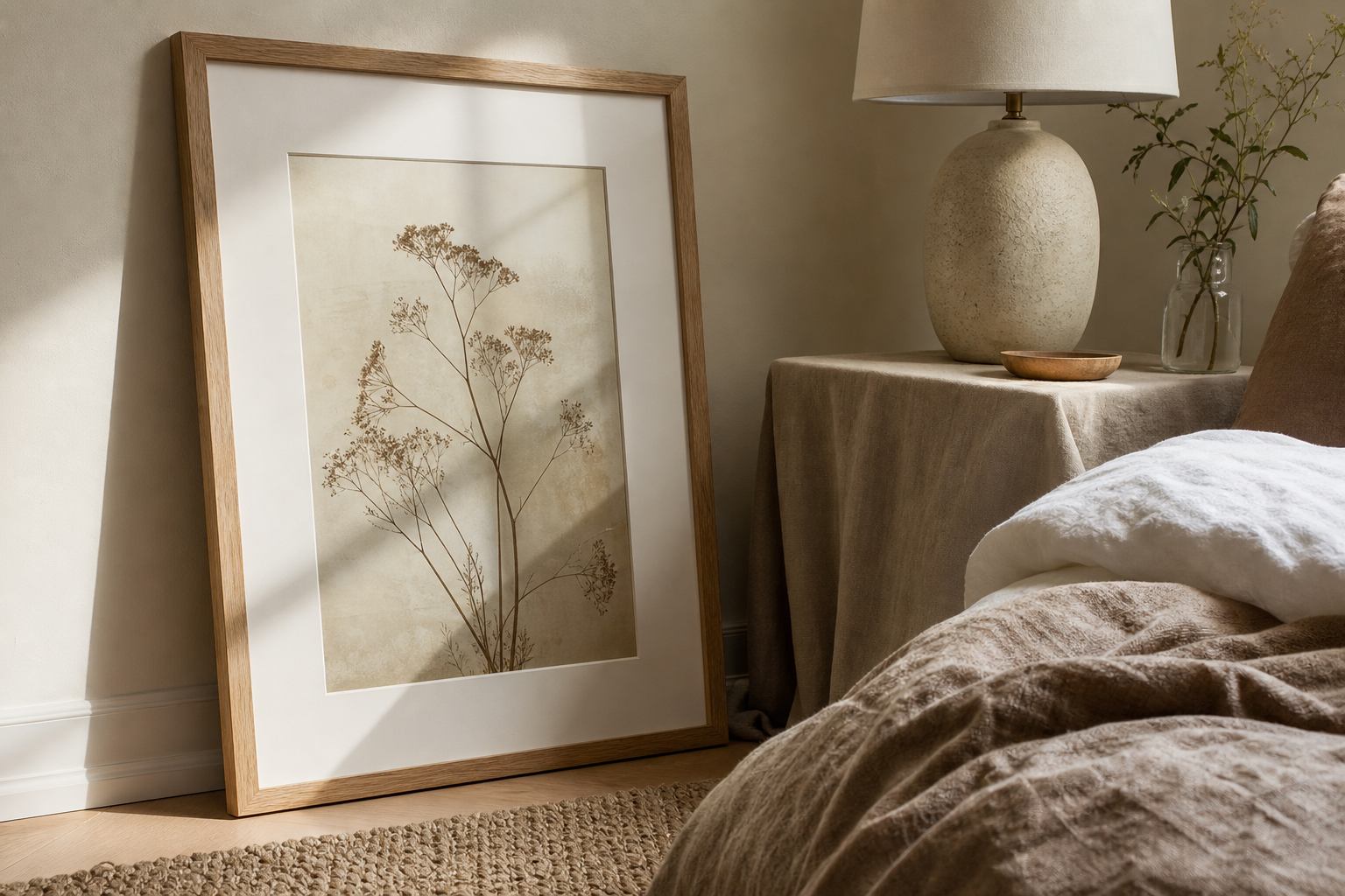 Close-up of natural oak frame and white mat in a softly styled bedroom