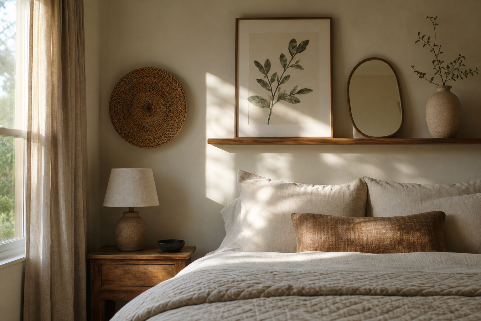 Layered bedroom wall with framed art, mirror and textured textiles