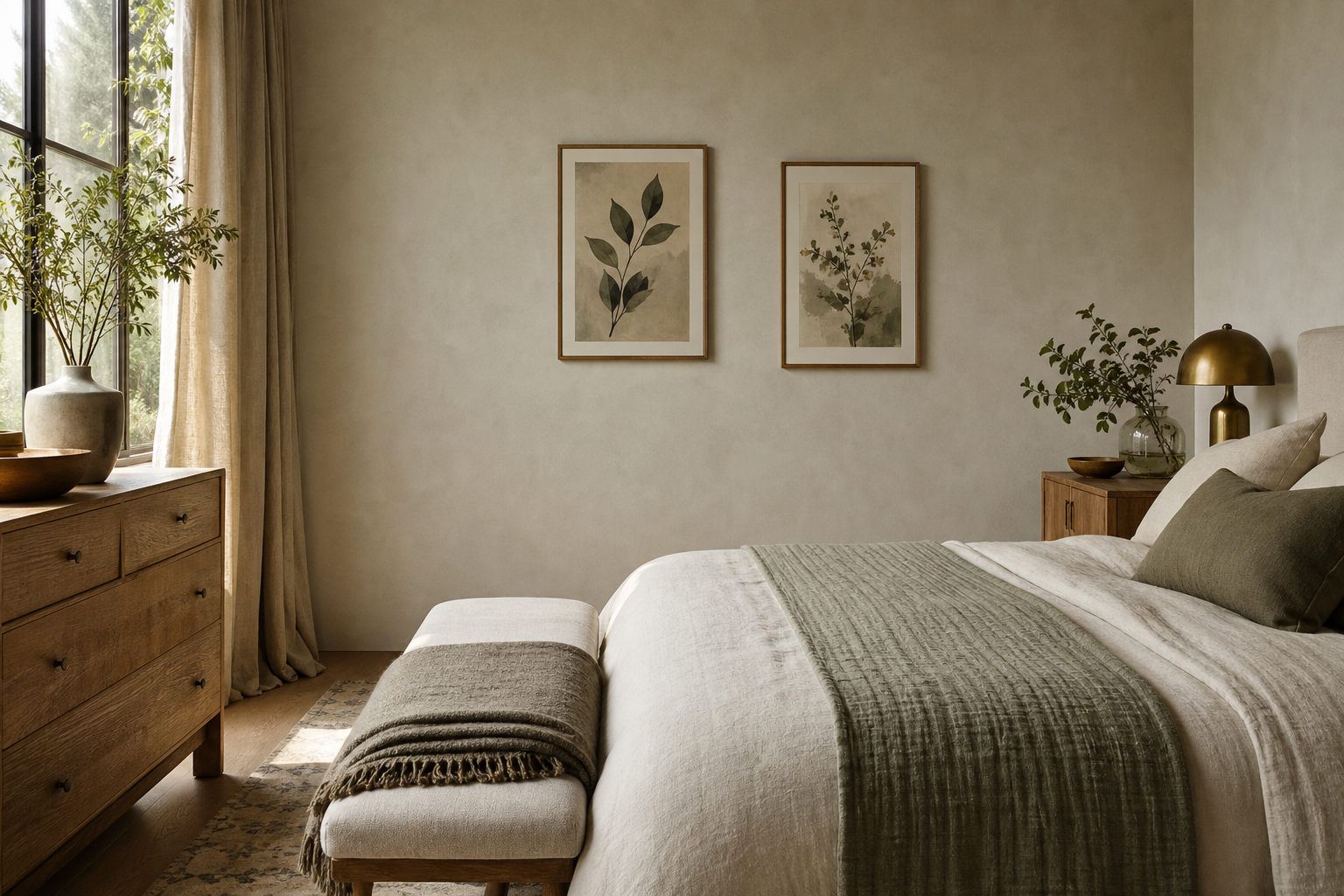Muted bedroom corner with bench, linen throw and small framed art grouping