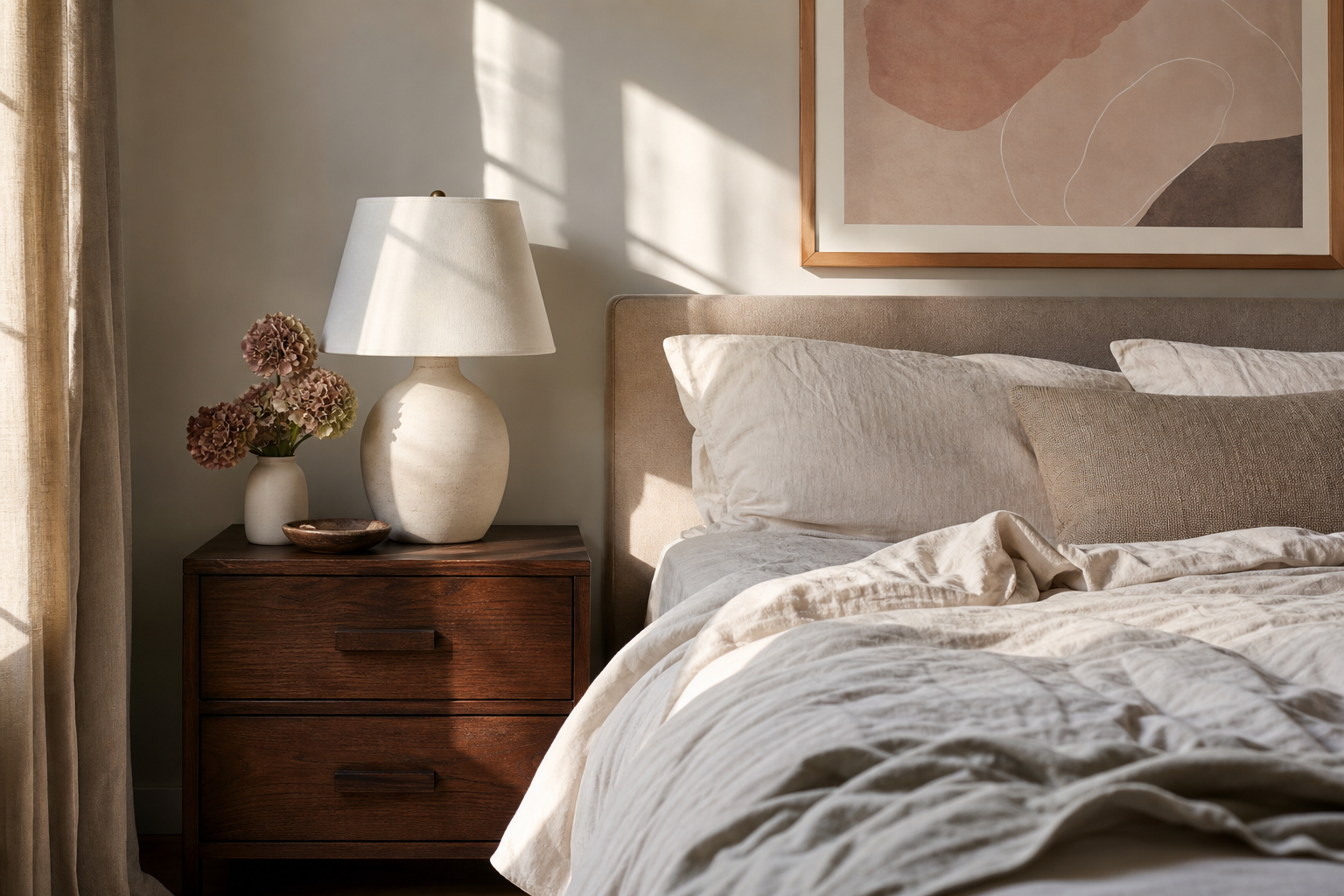Bedroom corner with muted abstract art and soft textiles