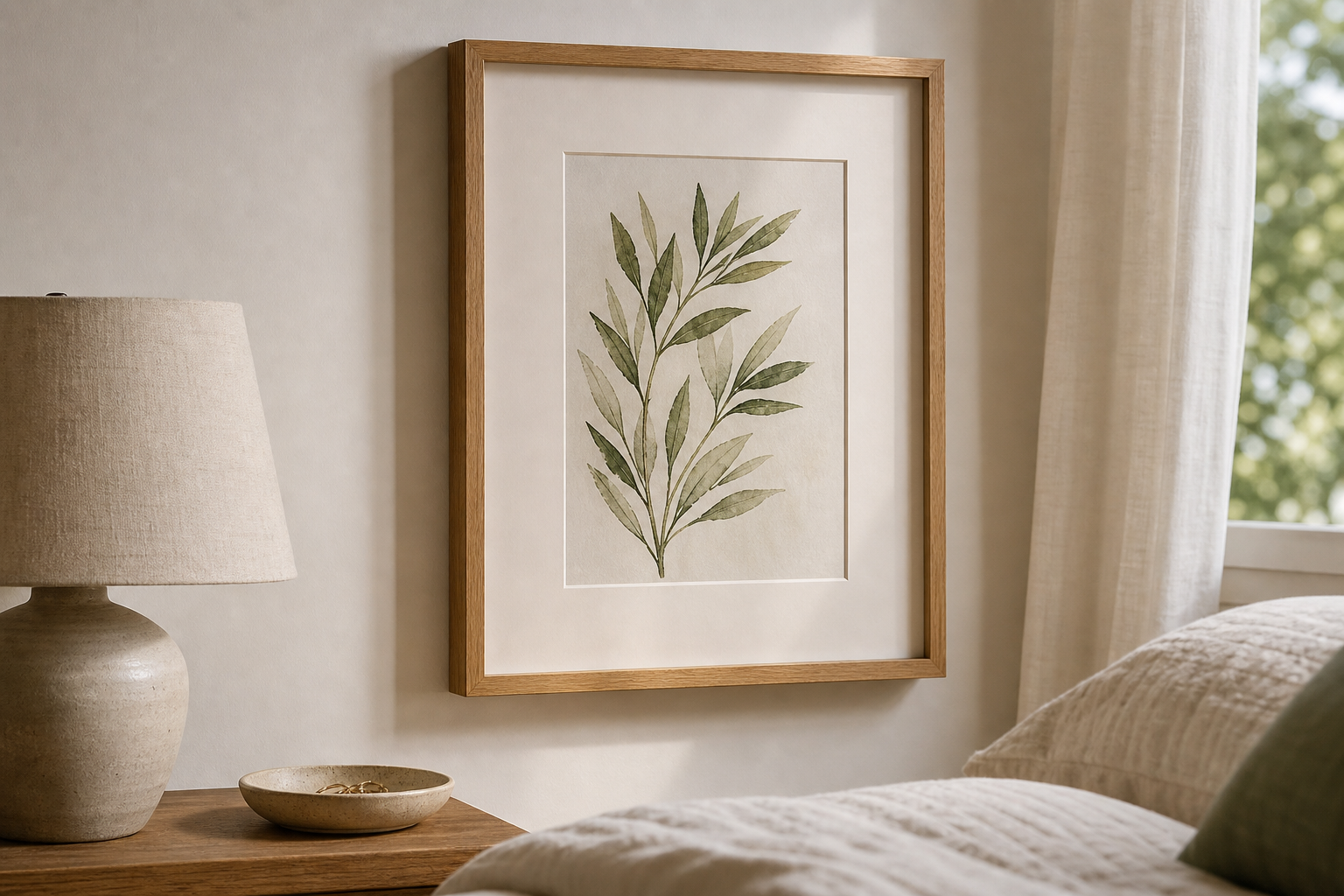 Close-up of wood frame and mat in a bedroom setting
