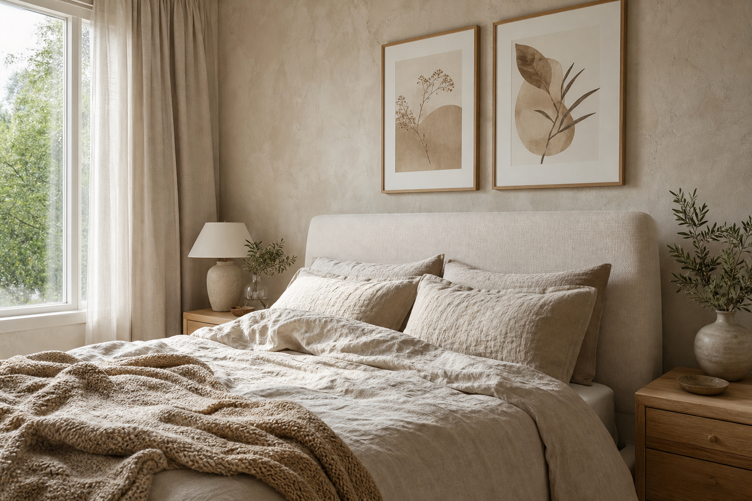 Neutral bedroom with layered beige wall art above bed