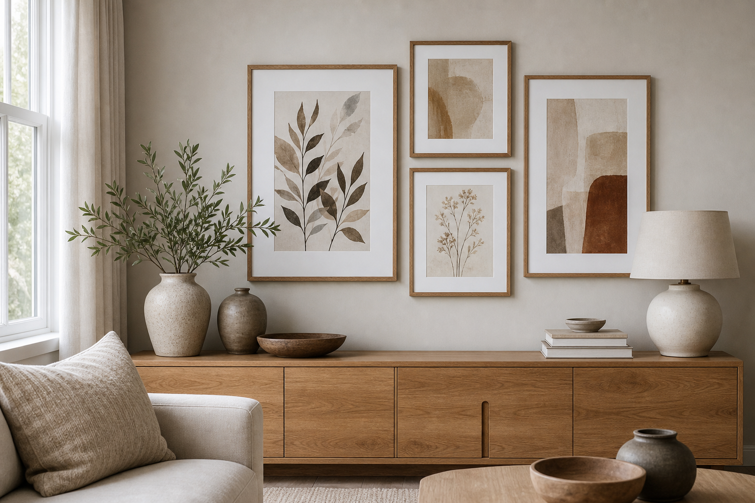 Layered beige gallery wall in a warm living room