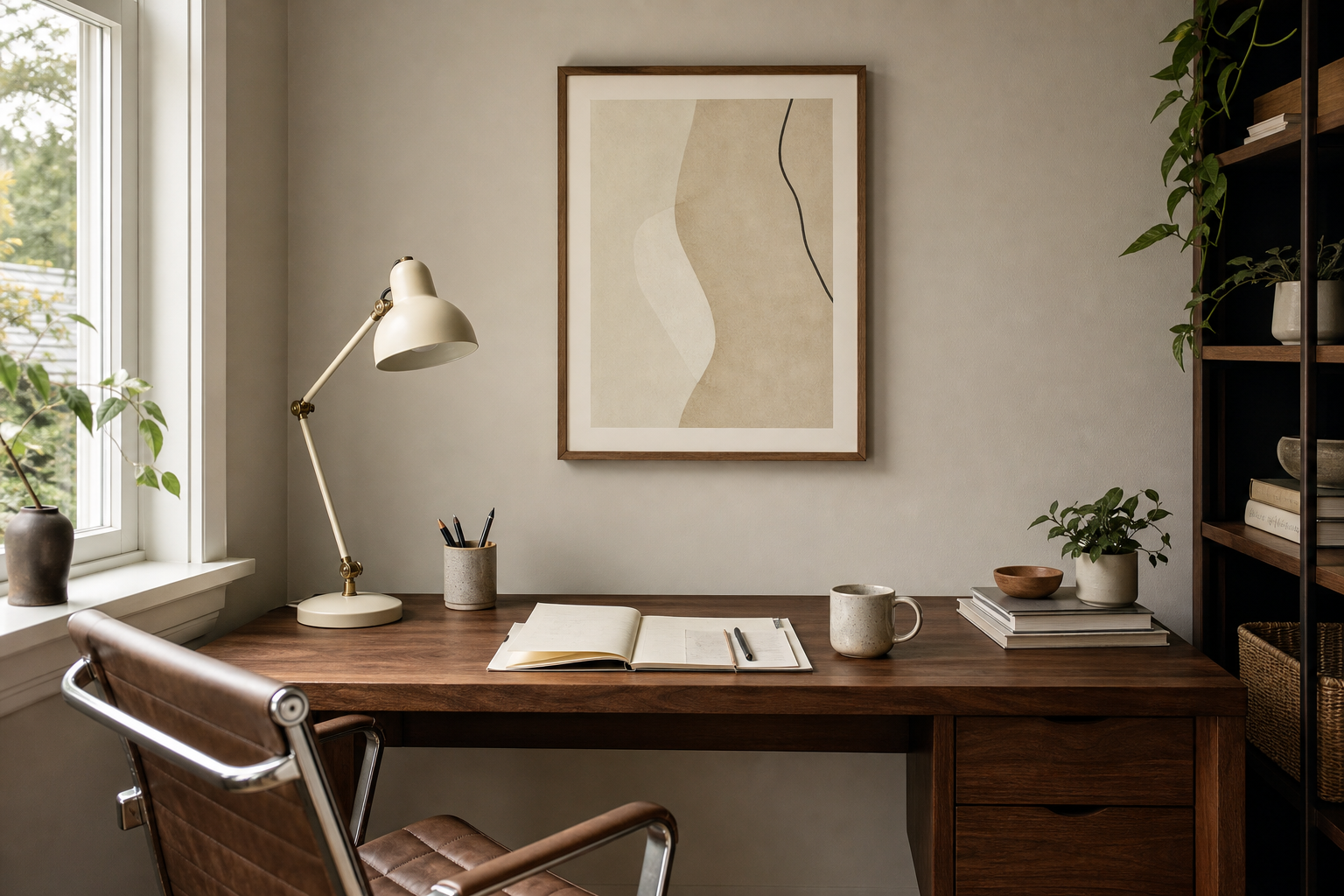 Beige artwork above desk in a warm home office