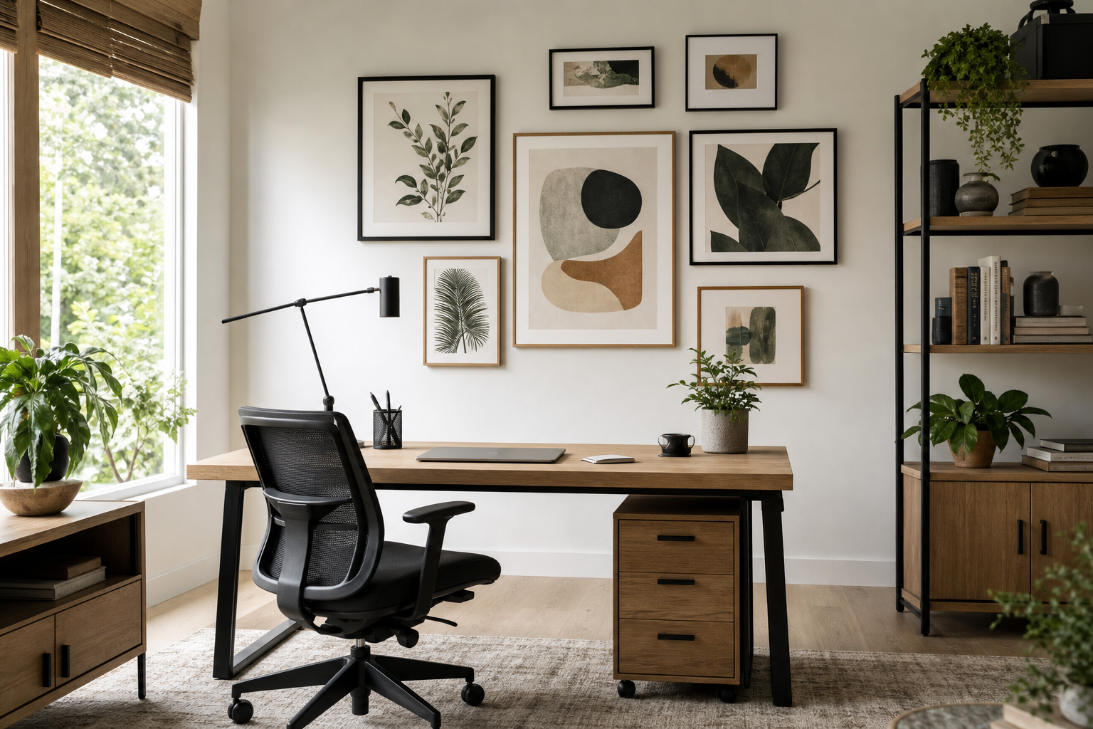 Home office gallery wall with mixed frame sizes above desk