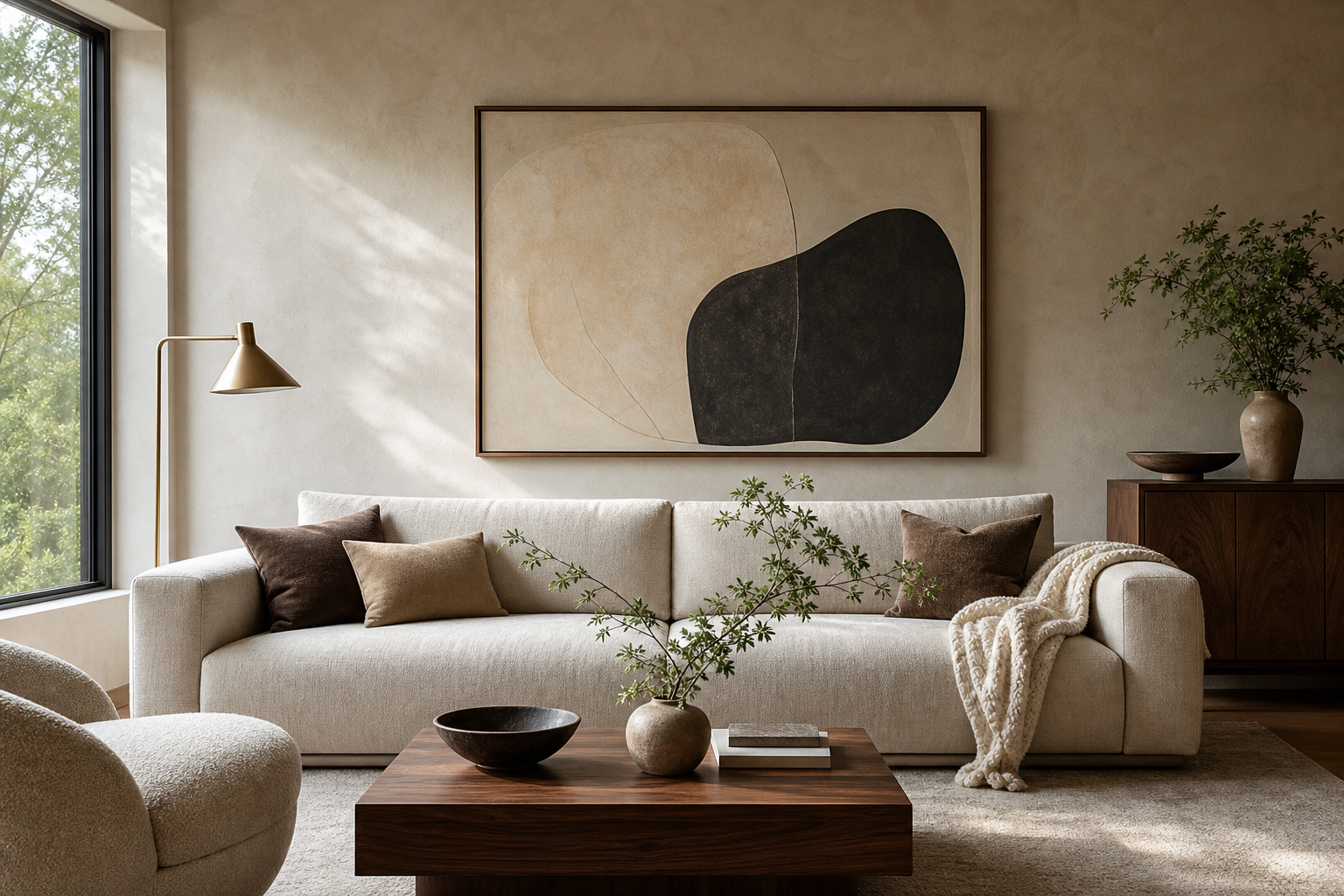 Large framed art above sofa in modern living room