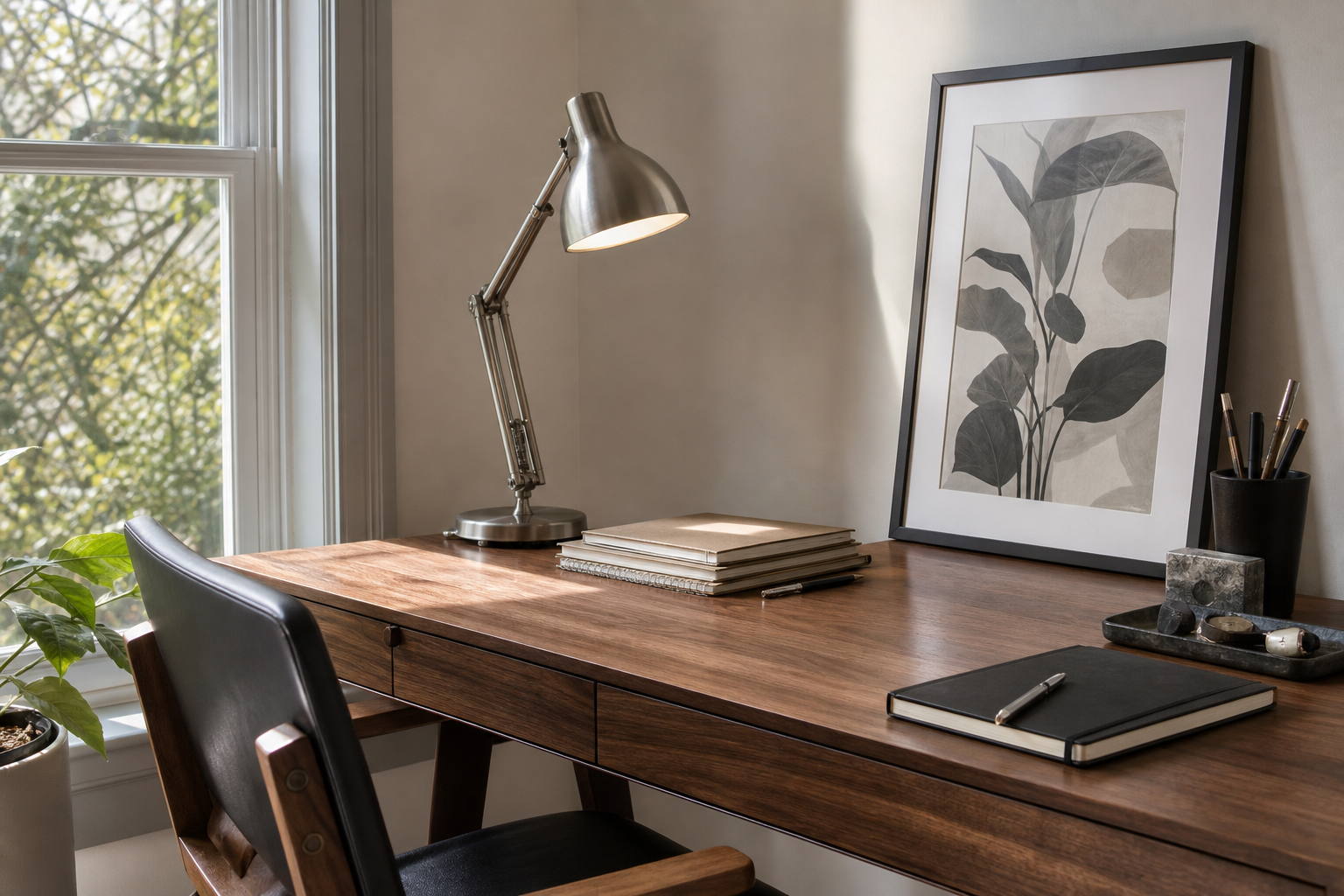 Desk corner with framed monochrome anime portrait