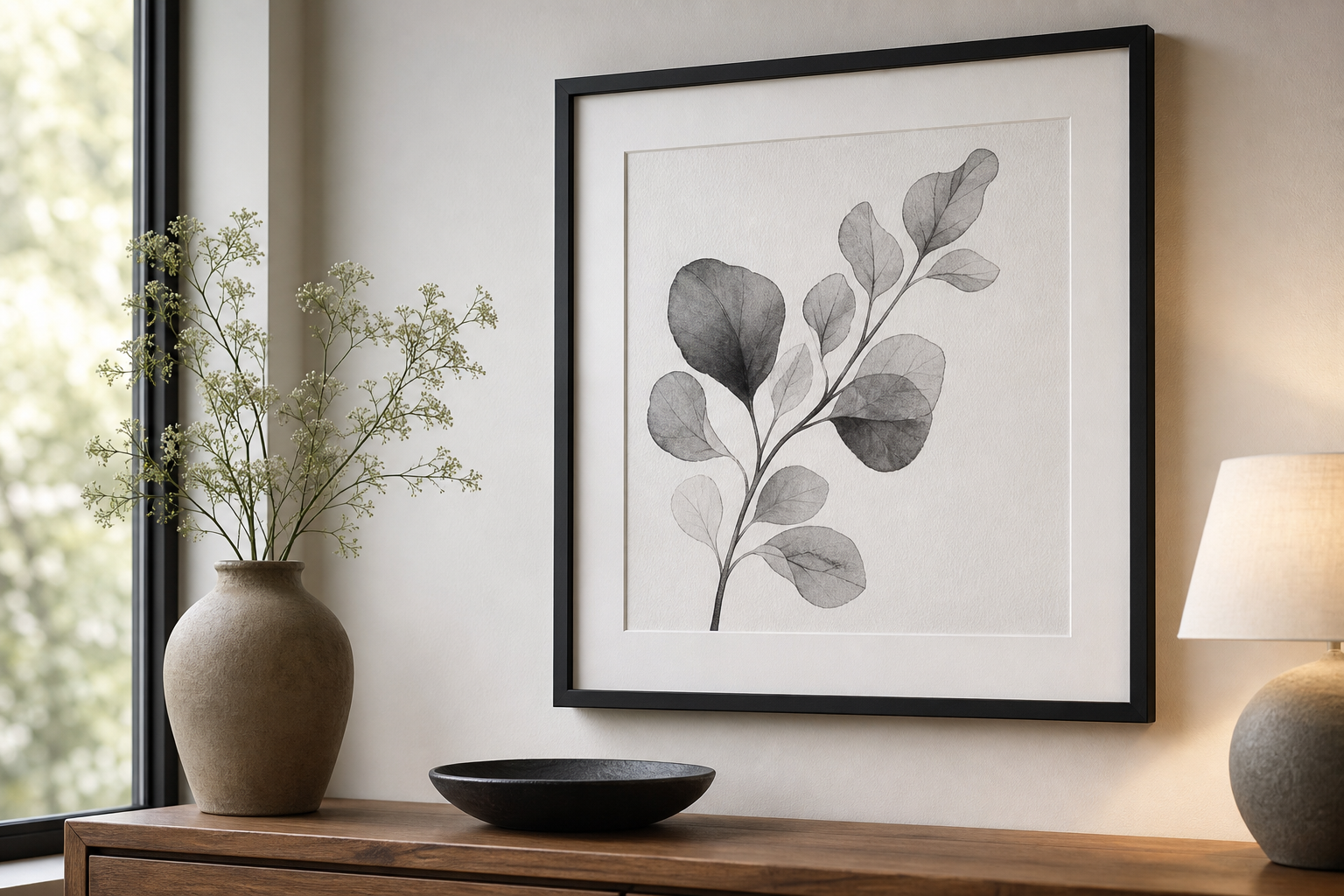 Close-up of black frame and white mat around anime art