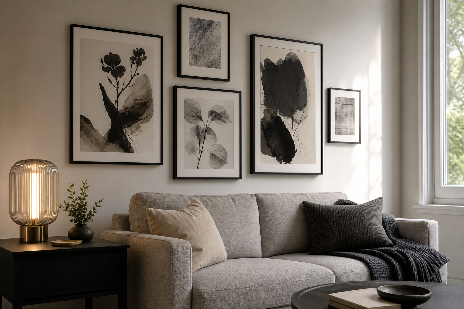 Living room gallery wall with monochrome anime and minimalist prints
