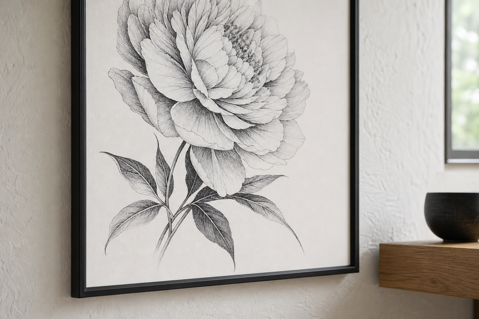 Close-up of black frame with monochrome anime print