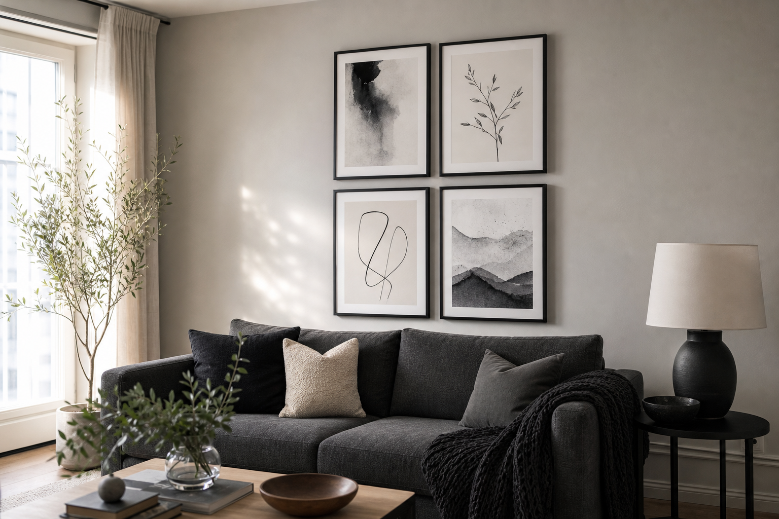 Monochrome anime gallery wall above sofa