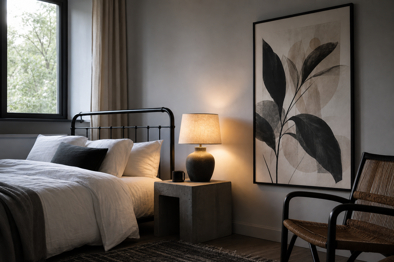 Modern bedroom corner with black and white anime art