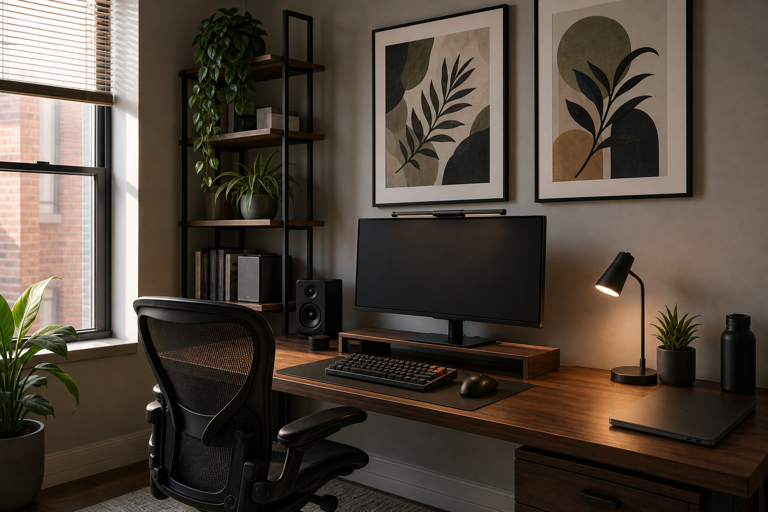 Desk setup with framed monochrome anime art
