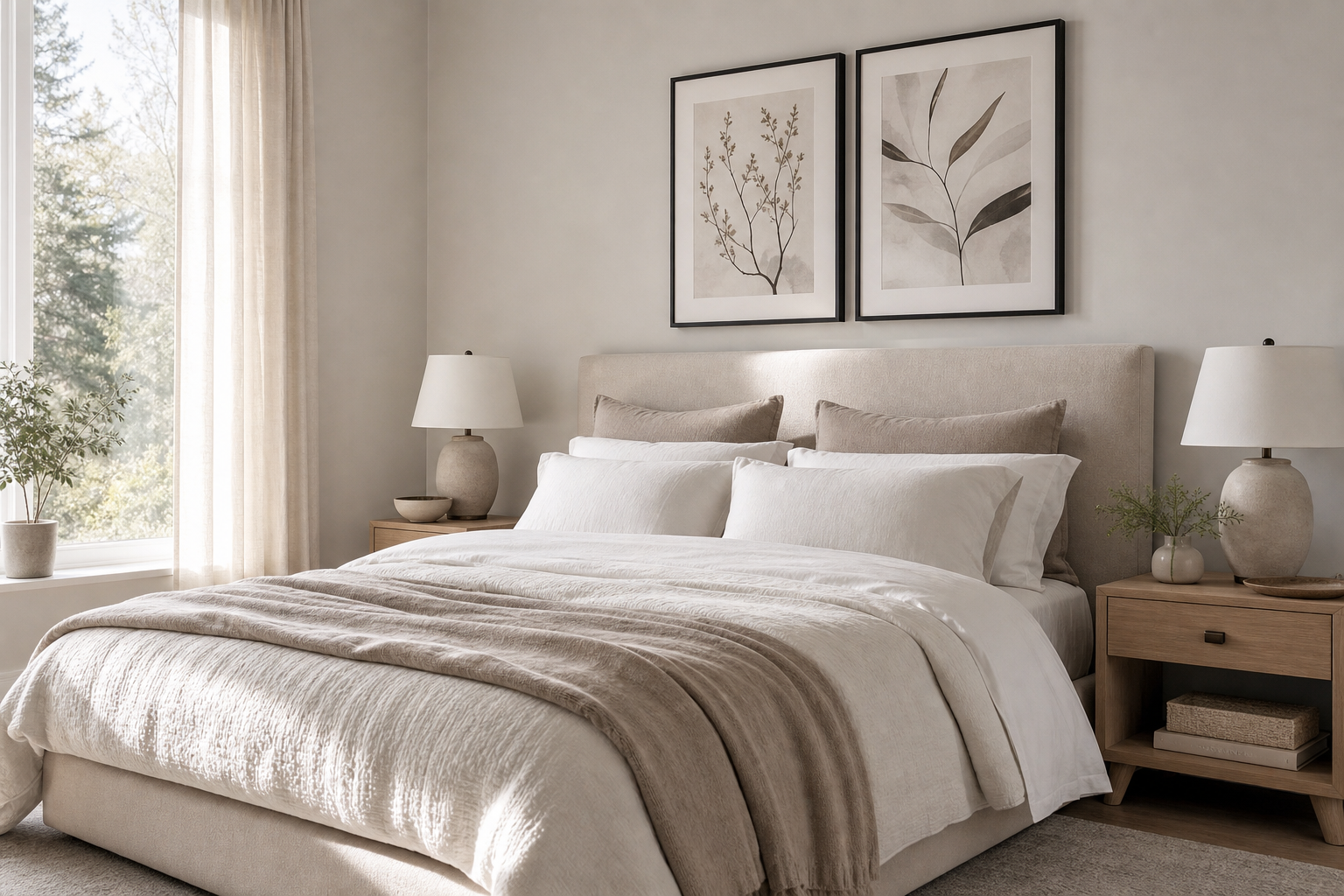 Bedroom with soft monochrome wall art above bed