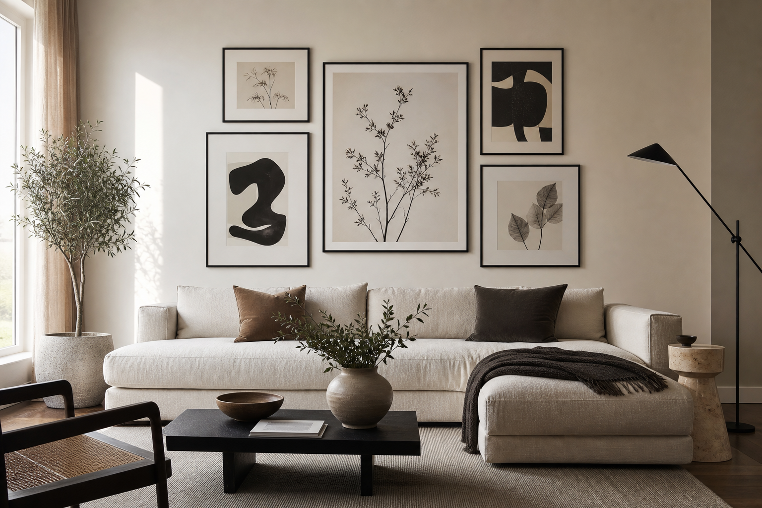 Black and white gallery wall above sofa