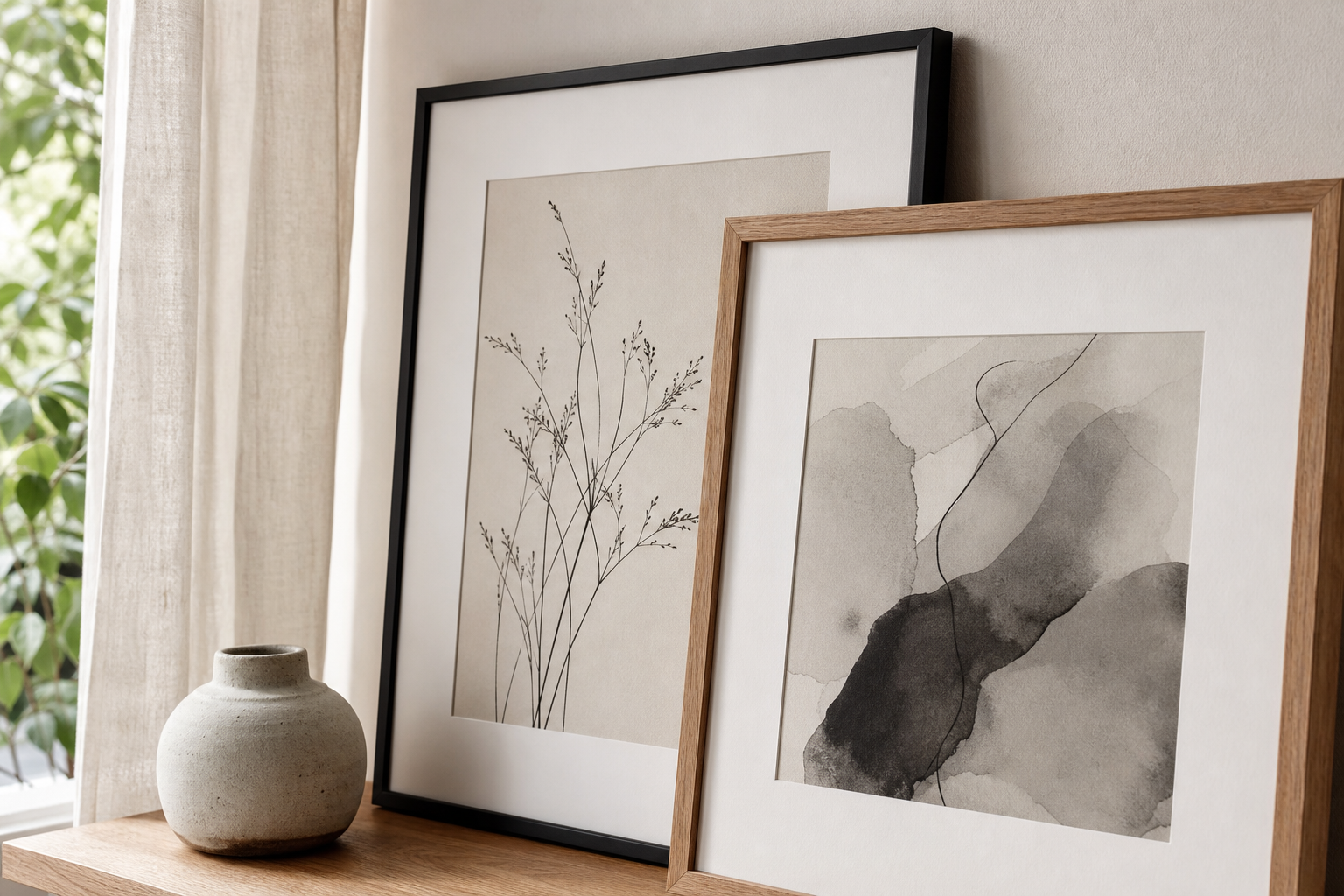 Close-up of black and oak frames with white mats