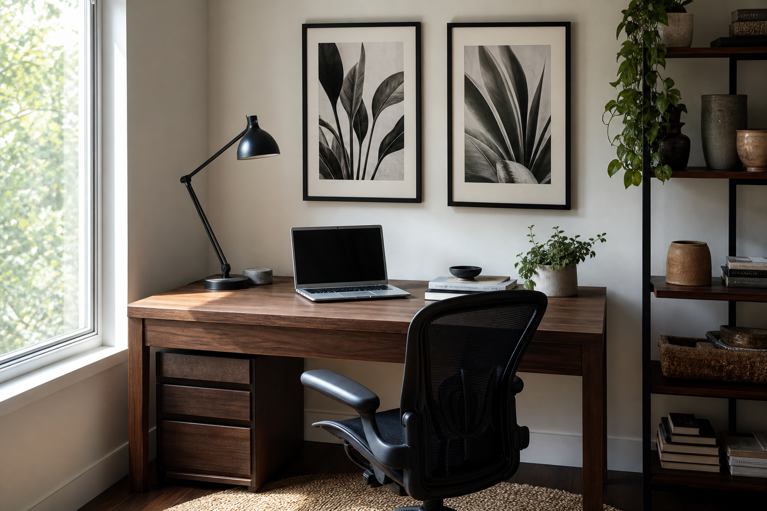 Home office with black and white framed photography