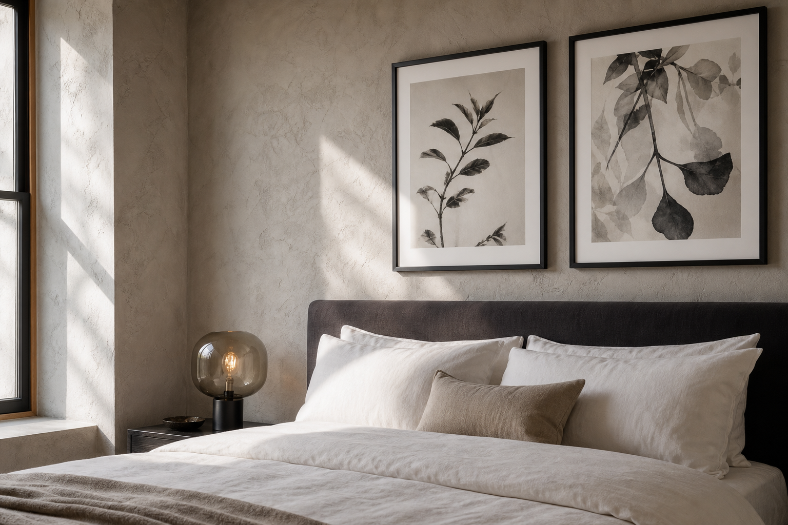 Bedroom corner with monochrome portrait and animal art