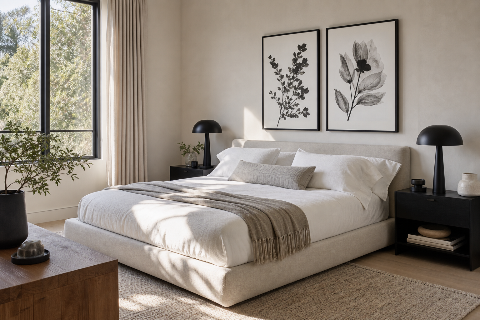 Bedroom with black and white framed art above bed