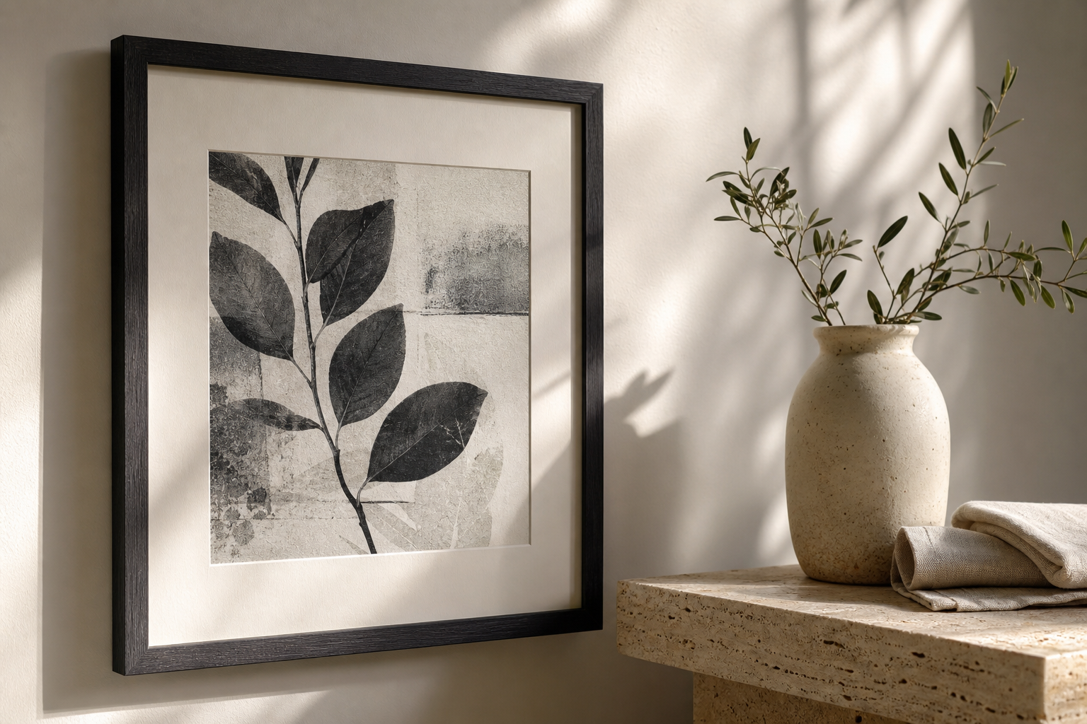 Close-up of black frame and textured monochrome print