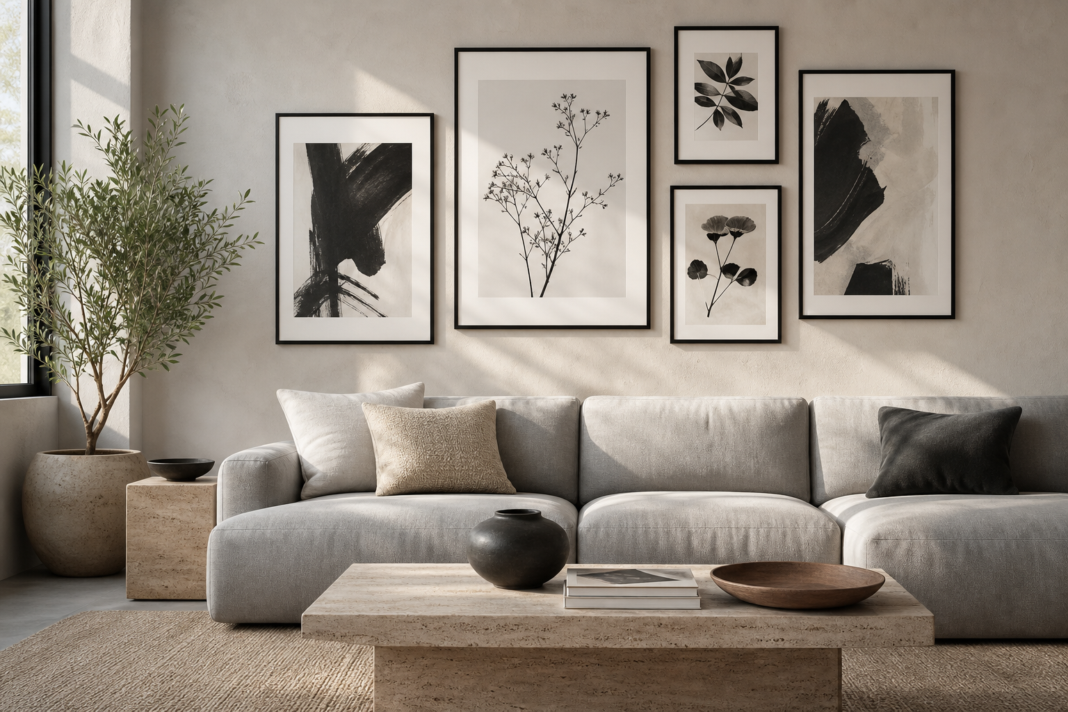 Gallery wall of monochrome framed art above sofa